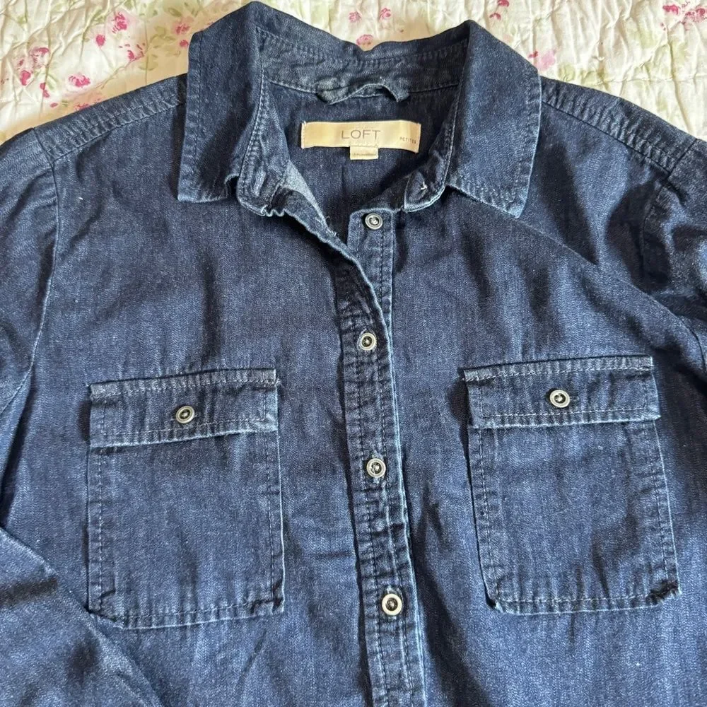 LOFT Size Small Petite Collared, button placket, long sleeve, denim Midi dress